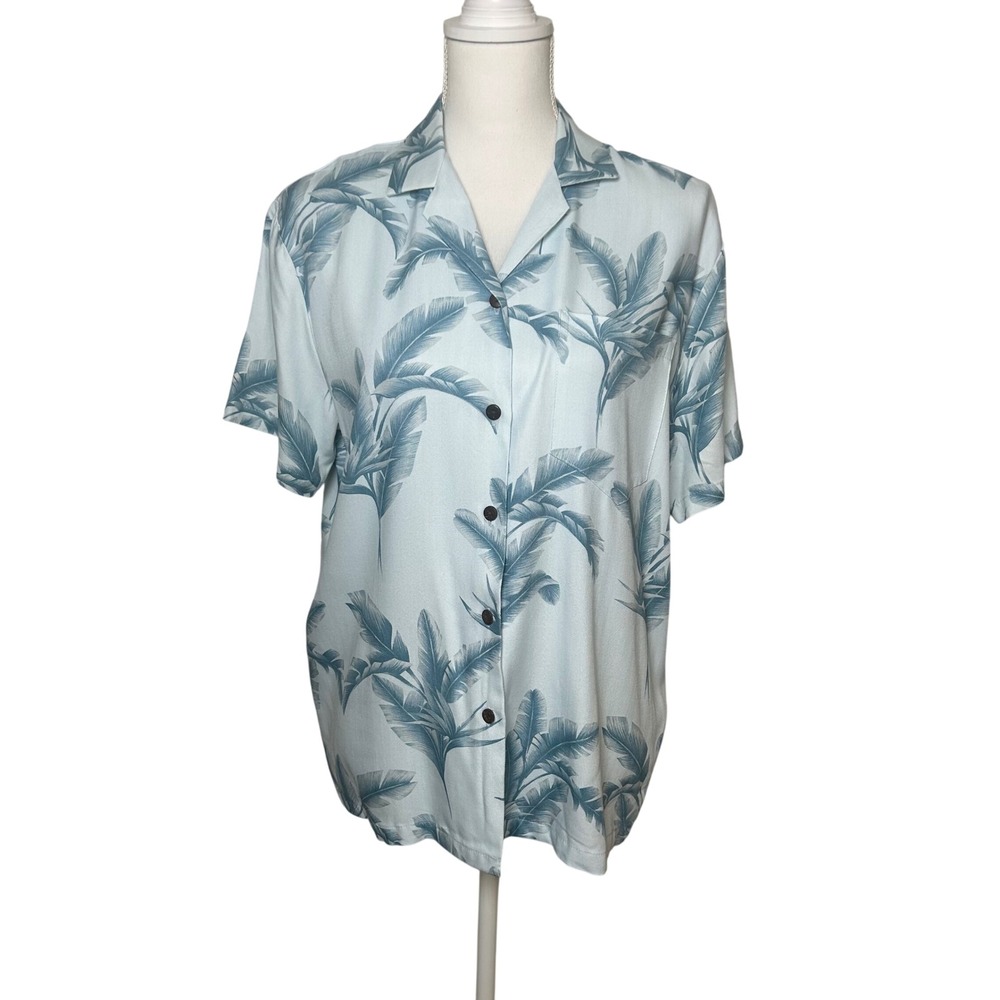 Hilo Hattie Vintage Women Shirt Blue Tropical Palm Leaf Rayon Camp Aloha S